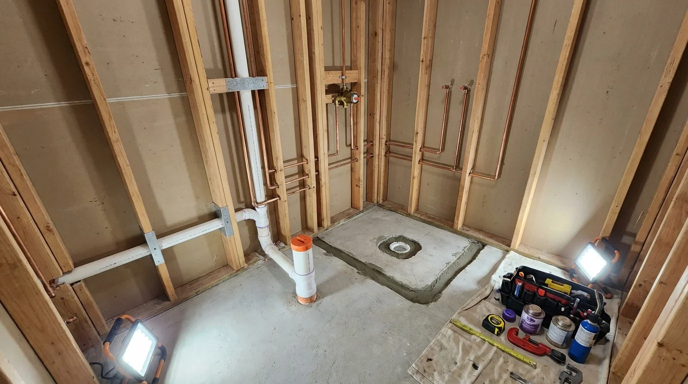 Bathroom rough-in plumbing during remodel by Johns Plumbing LLC in Eastland