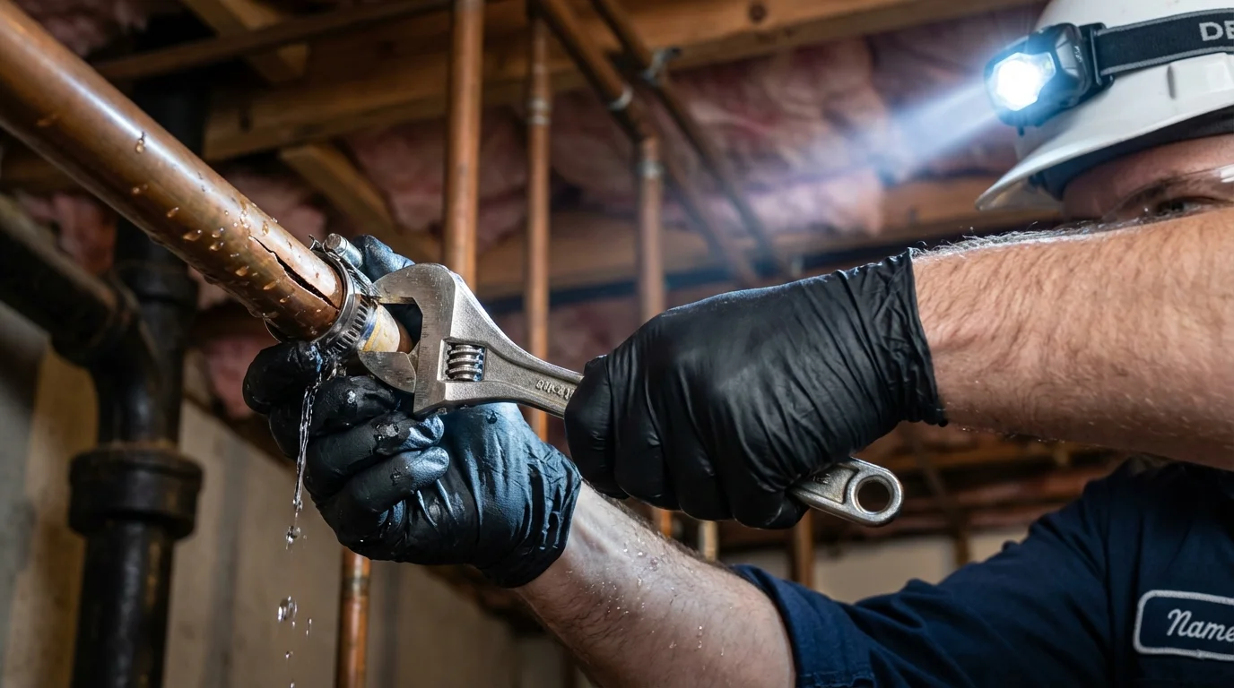 Emergency pipe clamp repair being performed by a Johns Plumbing LLC plumber in Eastland