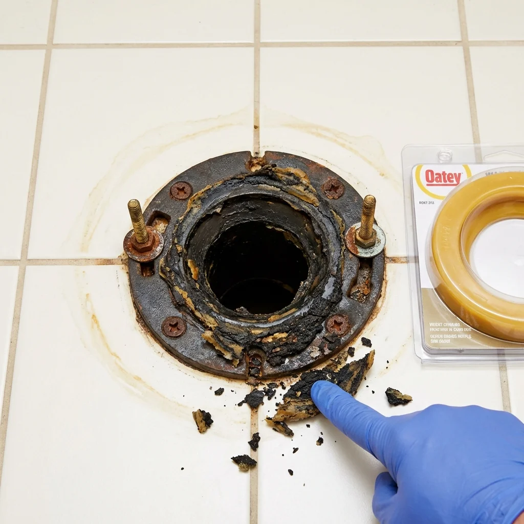 Failed wax ring showing water seepage at the base of a toilet in a Eastland, TX home