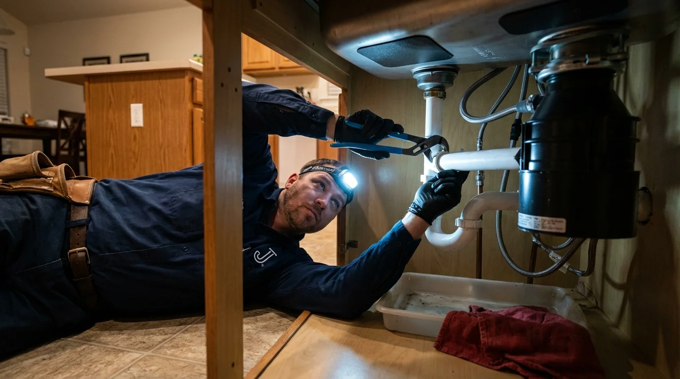 P-trap and supply line connections under a kitchen sink showing a common leak point in Eastland, TX
